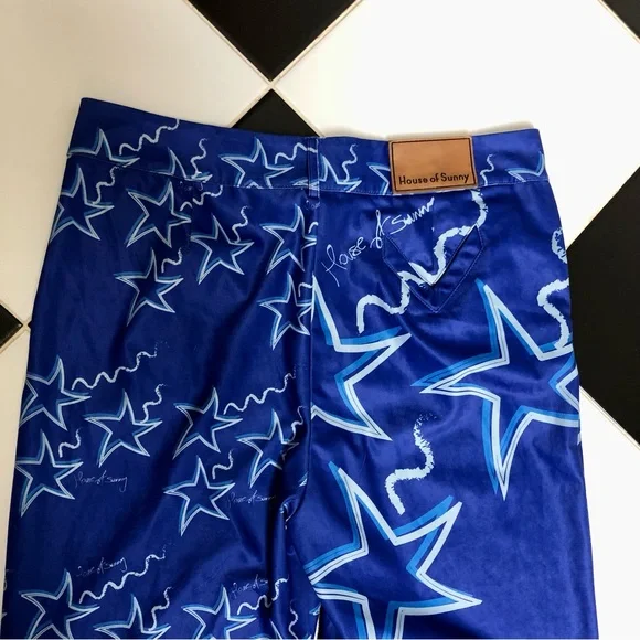 House Of Sunny Infinity Party Satin Pants Klein Blue Women's Size US 10 stars - Picture 13 of 16